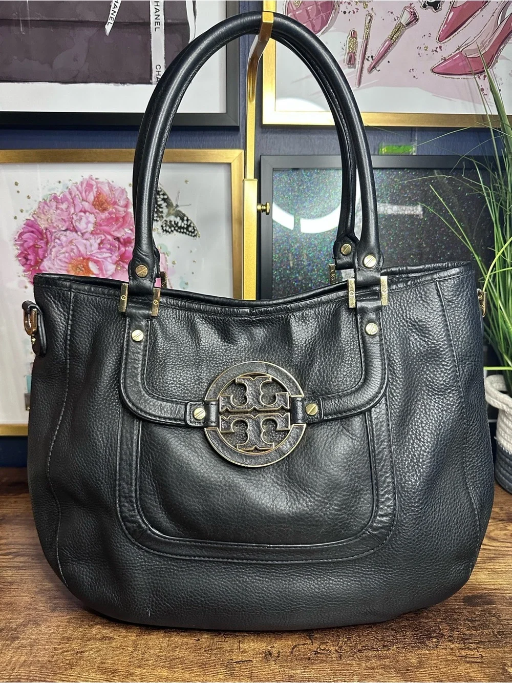 Tory Burch Black Pebbled Leather Amanda Tote Shoulder Bag